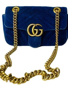 🛍️ GUCCI Authentic GG MARMONT VELVET in Cobalt Blue Shoulder Bag in Small